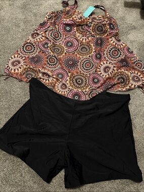 Women’s Printed Tan & Black Tankini Swim Set